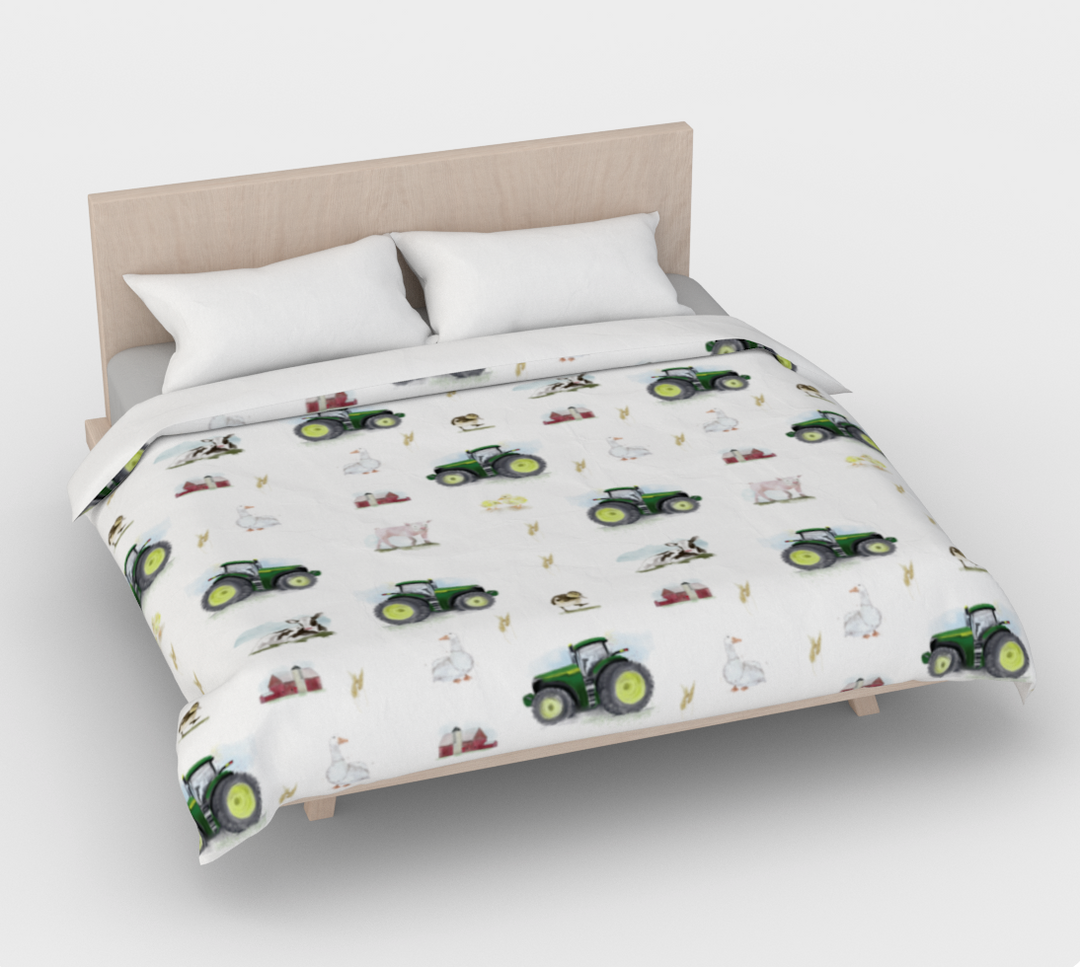 Housse de couette - tracteurs vert - naturel en satin de coton