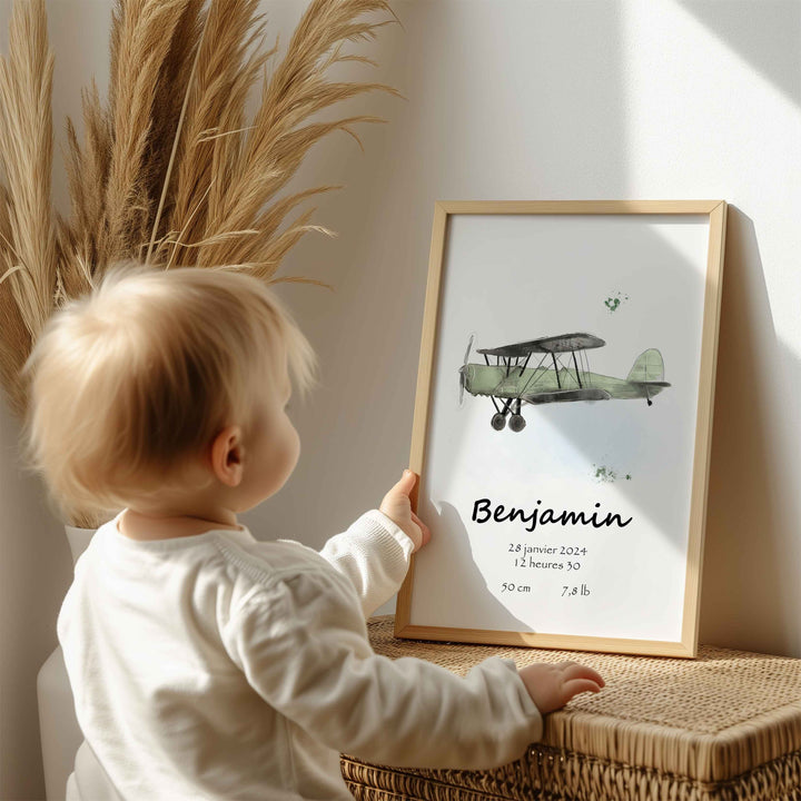 Affiche de naissance - Avion vintage (voir couleurs)