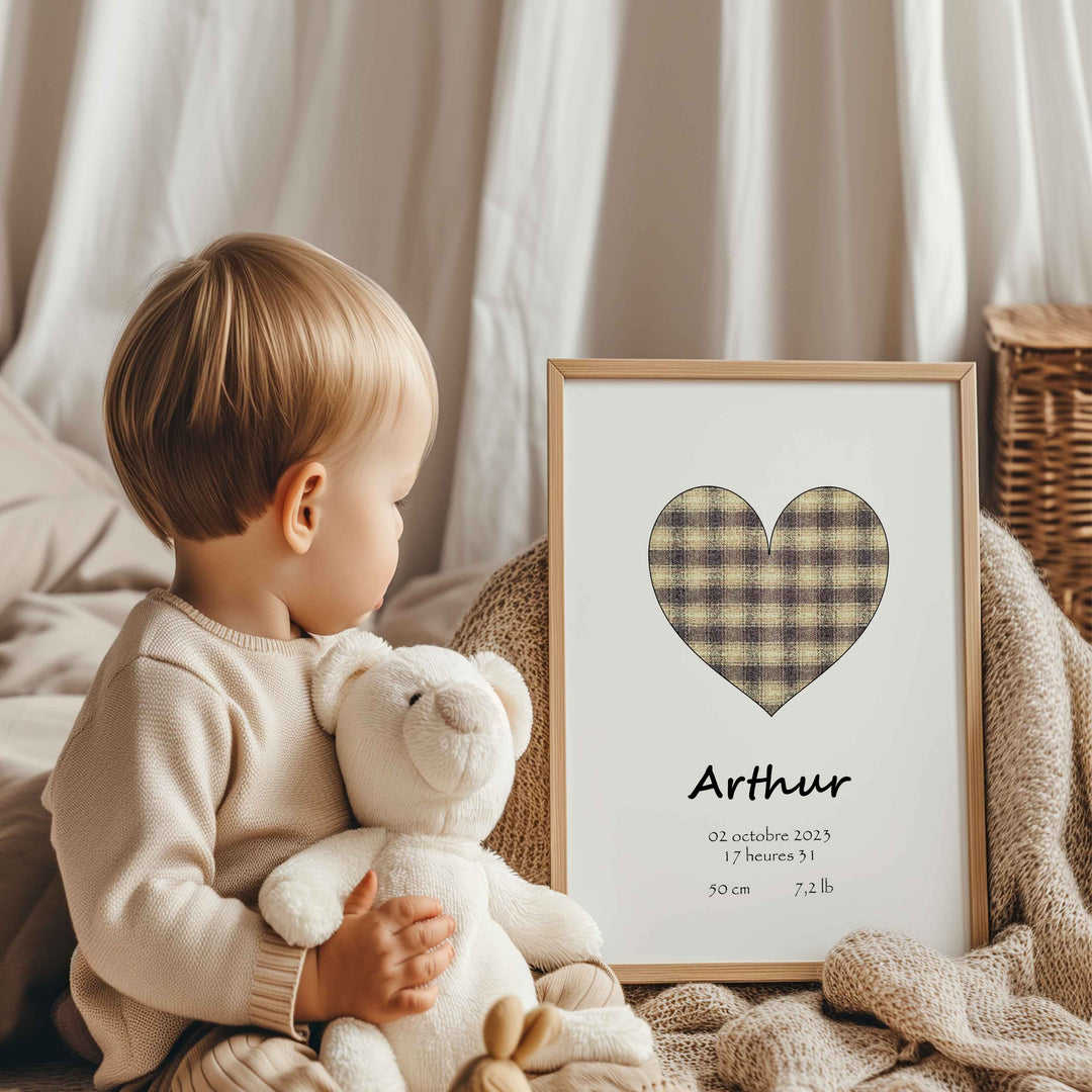 Affiche de naissance - Coeur à carreaux doré