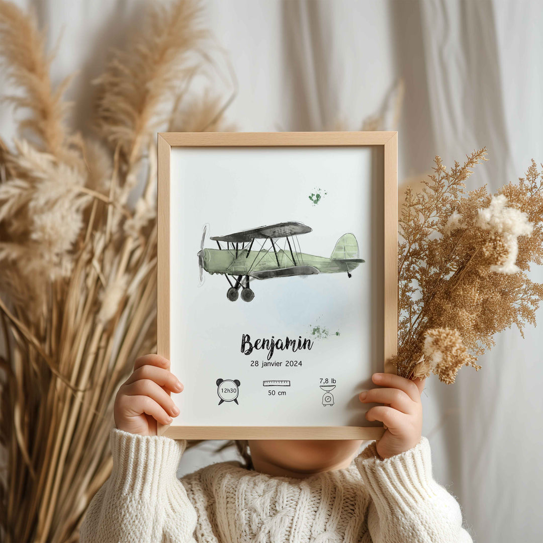Affiche de naissance - Avion vintage (voir couleurs)