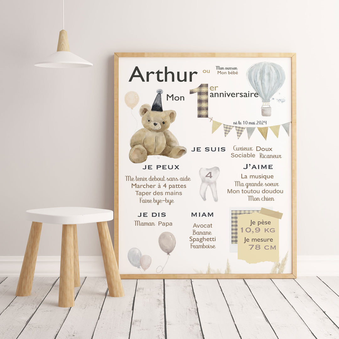 Affiche anniversaire – Ourson, ballons et montgolfière