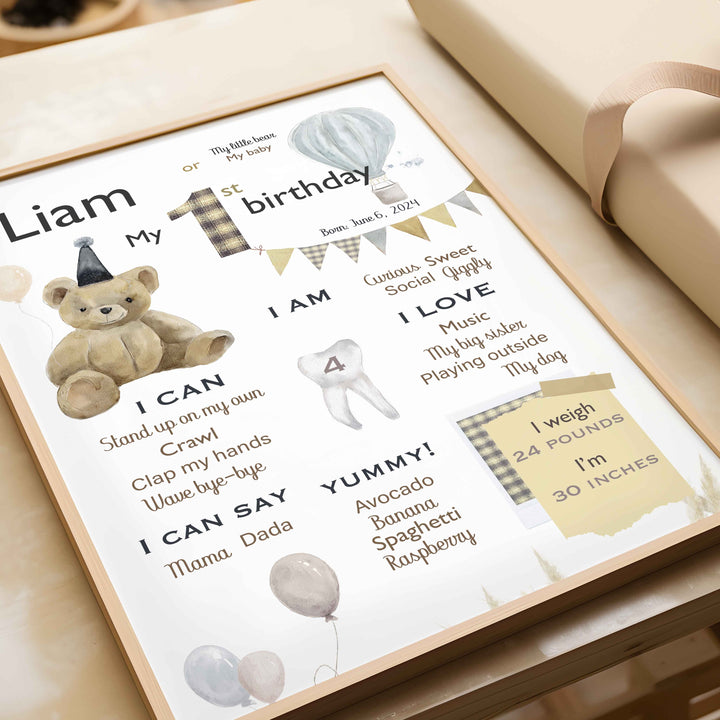 Affiche anniversaire – Ourson, ballons et montgolfière