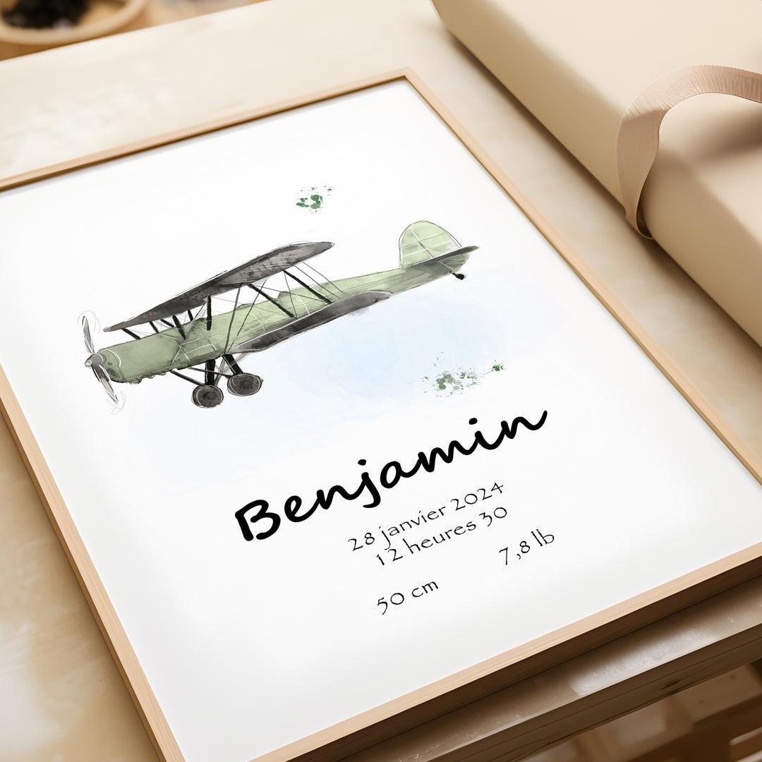 Affiche de naissance - Avion vintage (voir couleurs)
