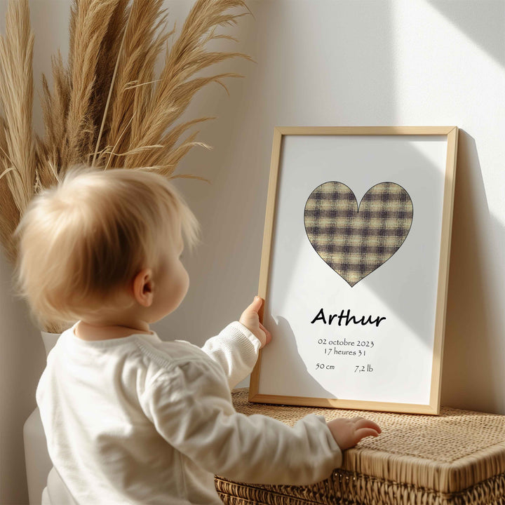 Affiche de naissance - Coeur à carreaux doré