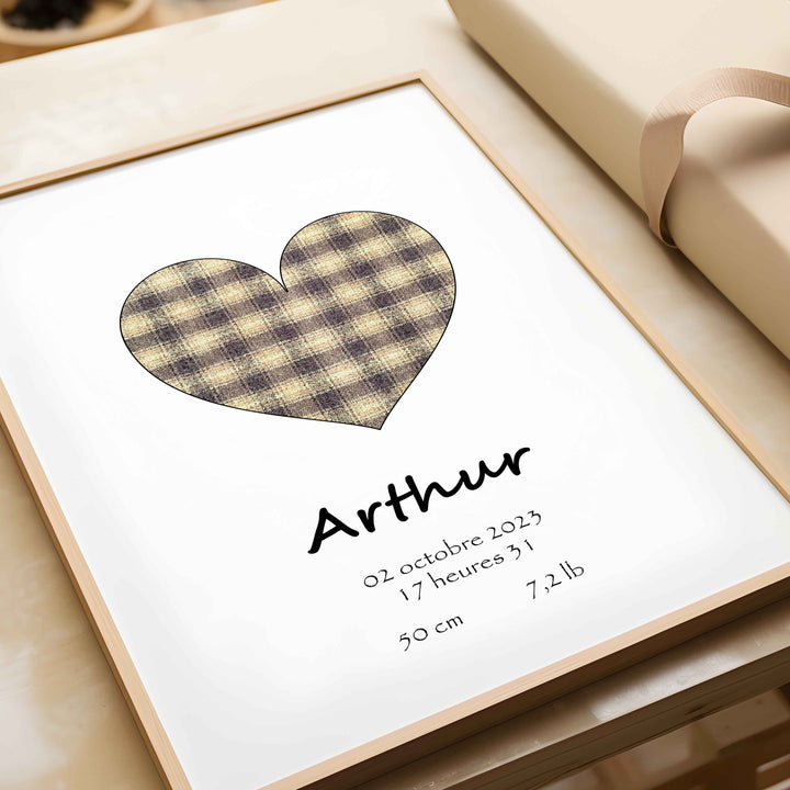 Affiche de naissance - Coeur à carreaux doré