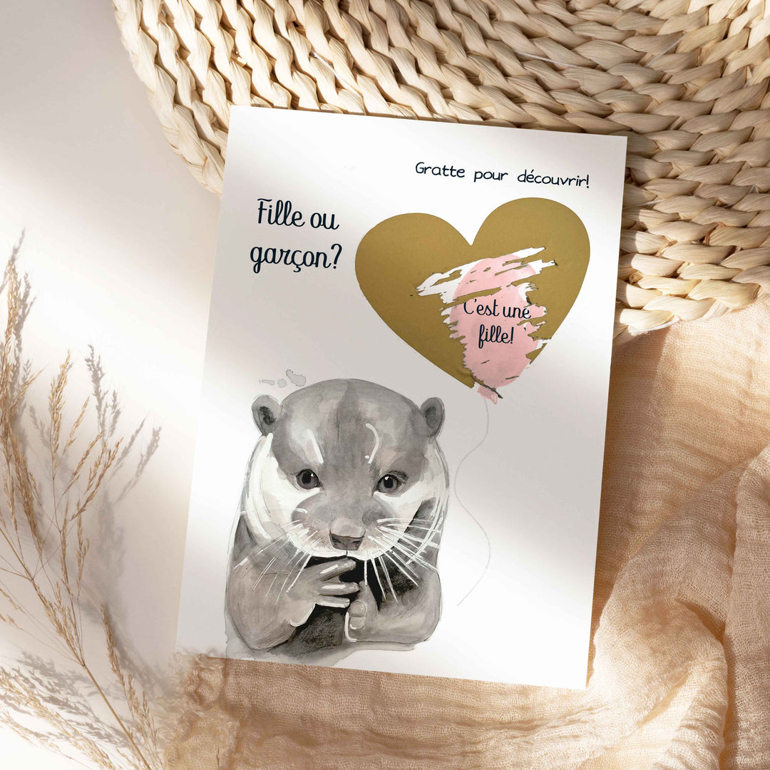 Carte à gratter: fille ou garçon? Animaux mignons et ballon
