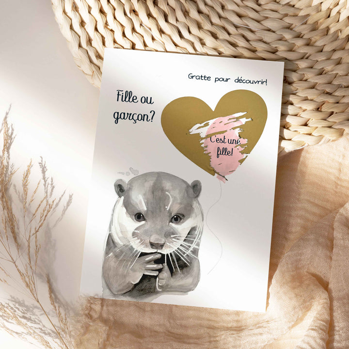 Carte à gratter: fille ou garçon? Animaux mignons et ballon