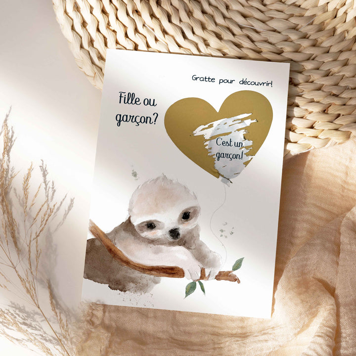 Carte à gratter: fille ou garçon? Animaux mignons et ballon