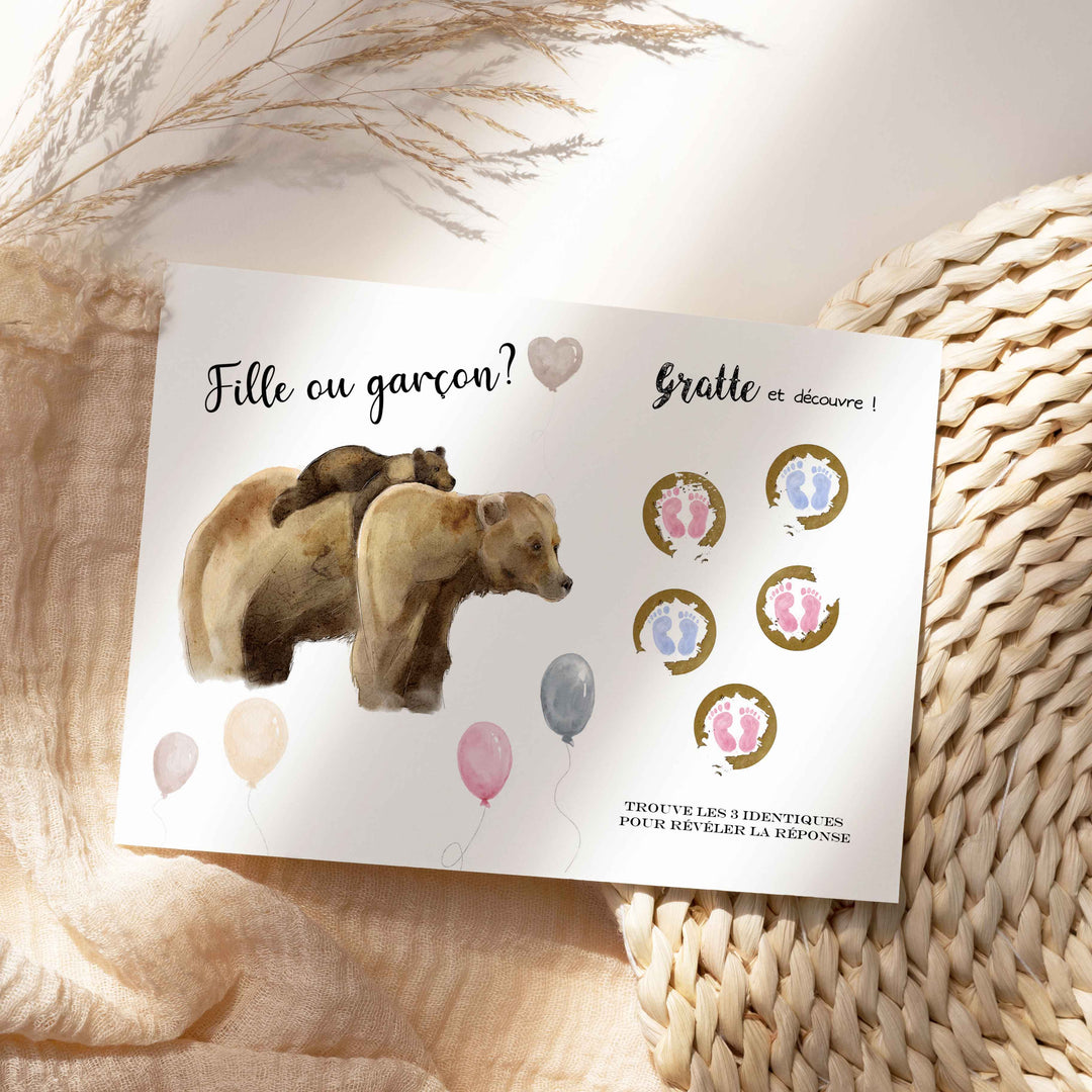 Carte à gratter: Fille ou garçon - jeu révélation de sexe de bébé (petits pieds roses ou bleus)