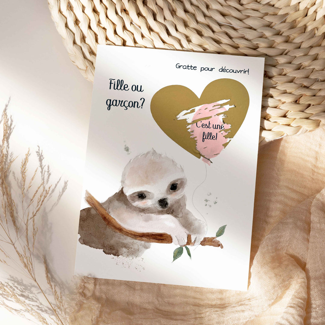 Carte à gratter: fille ou garçon? Animaux mignons et ballon