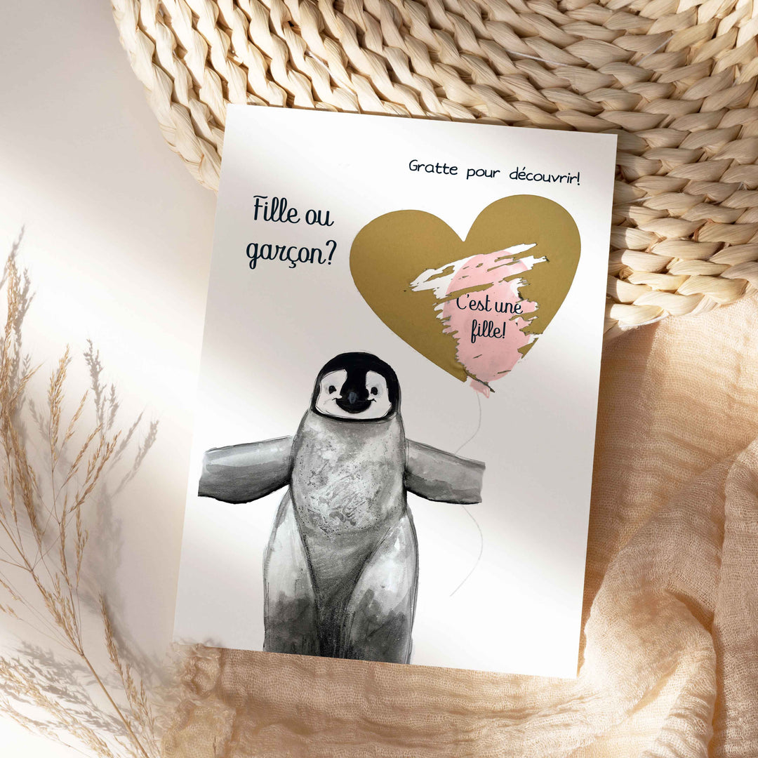 Carte à gratter: fille ou garçon? Animaux mignons et ballon