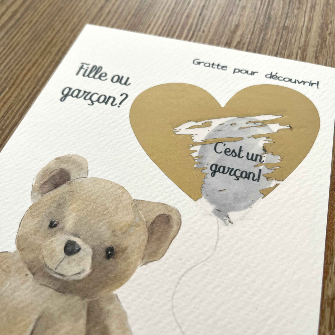 Carte à gratter: fille ou garçon? Animaux mignons et ballon