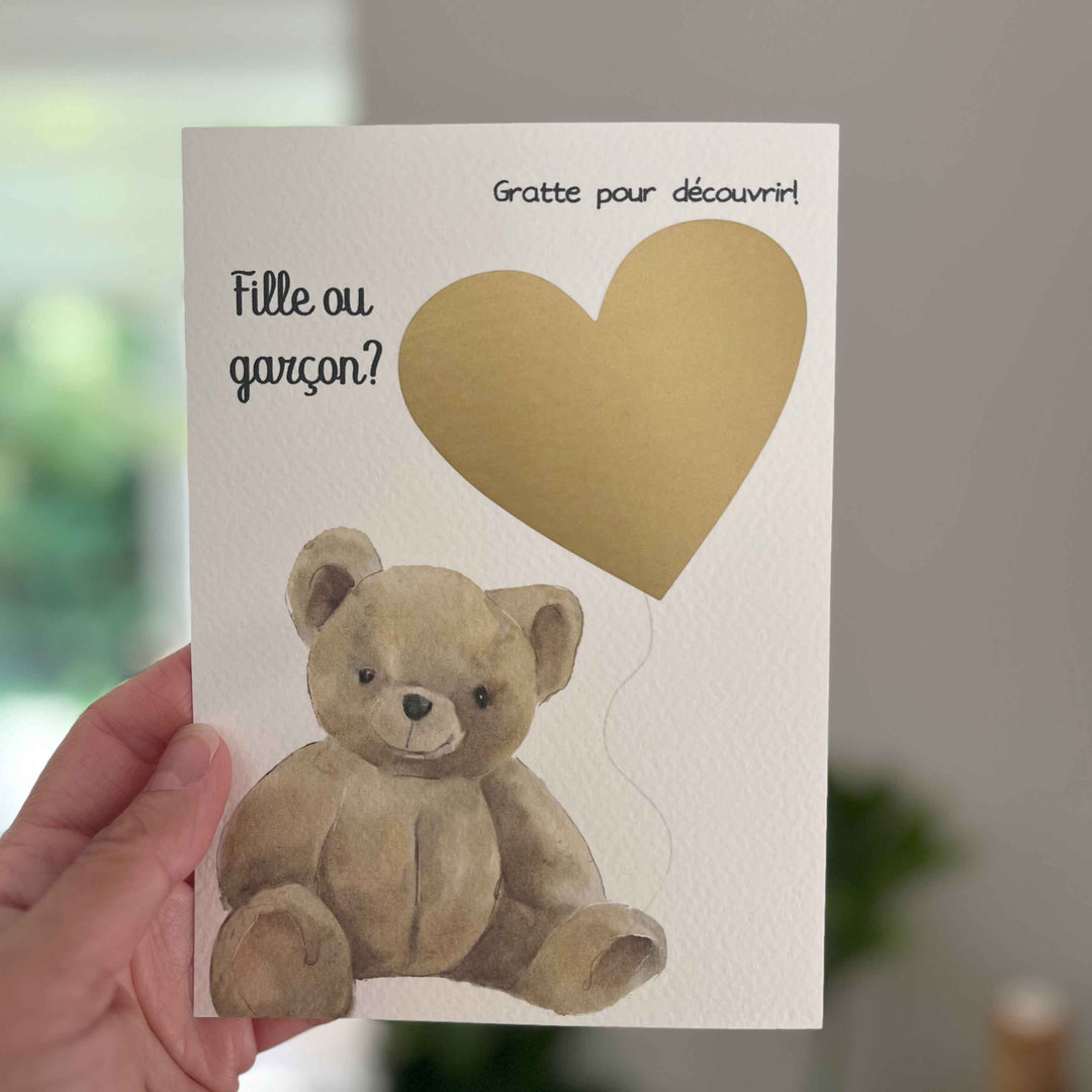 Carte à gratter: fille ou garçon? Animaux mignons et ballon