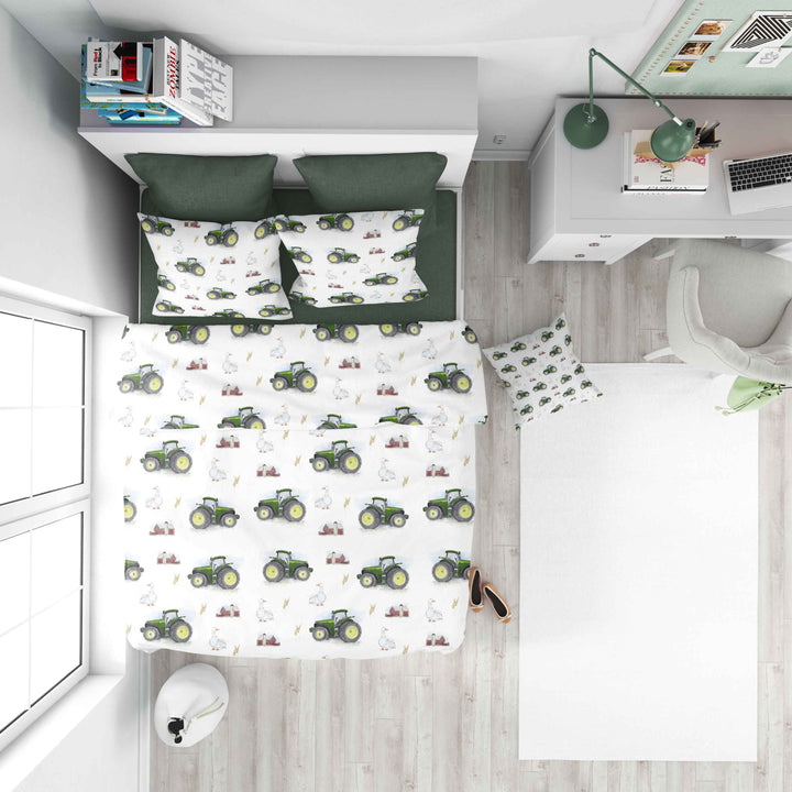 Housse de couette - tracteurs vert - naturel en satin de coton