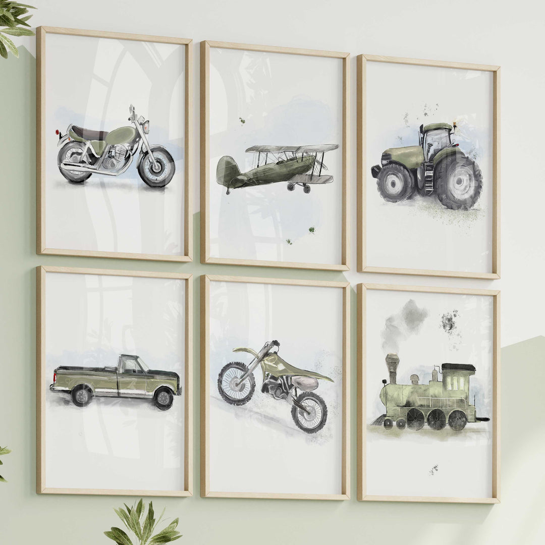 Ensemble de 6 illustrations de véhicules - vert mousse