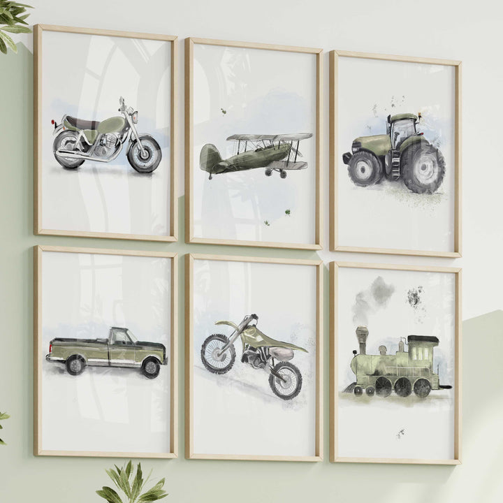 Ensemble de 6 illustrations de véhicules - vert mousse