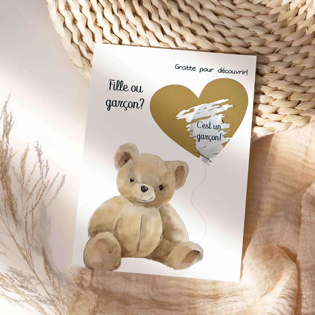 Carte à gratter: fille ou garçon? Animaux mignons et ballon