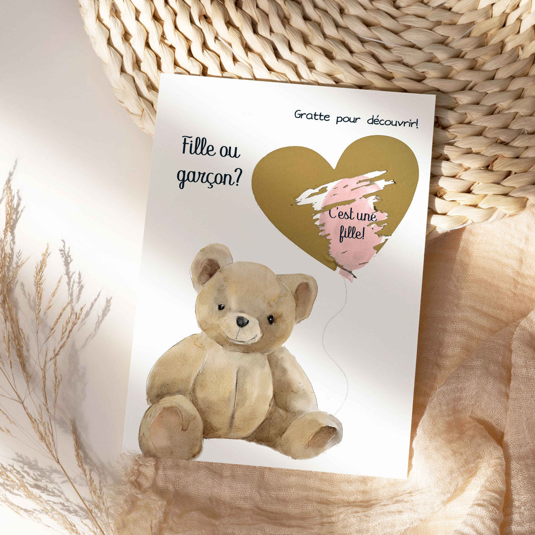 Carte à gratter: fille ou garçon? Animaux mignons et ballon