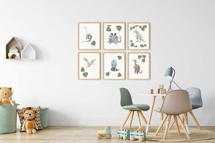 Ensemble 6 illustrations dinosaures et monstera