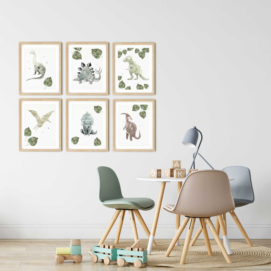 Ensemble 6 illustrations dinosaures et monstera