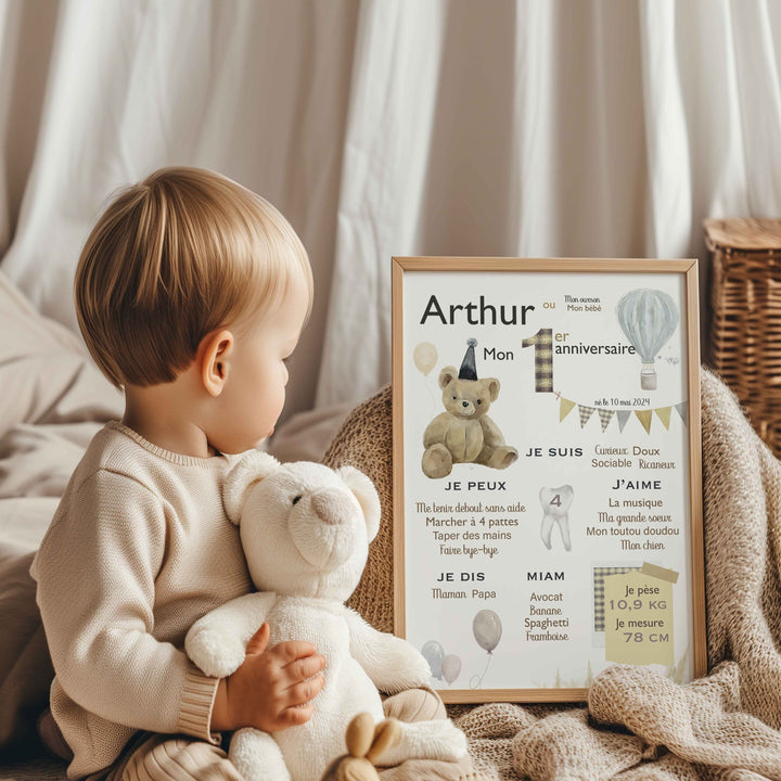 Affiche anniversaire – Ourson, ballons et montgolfière