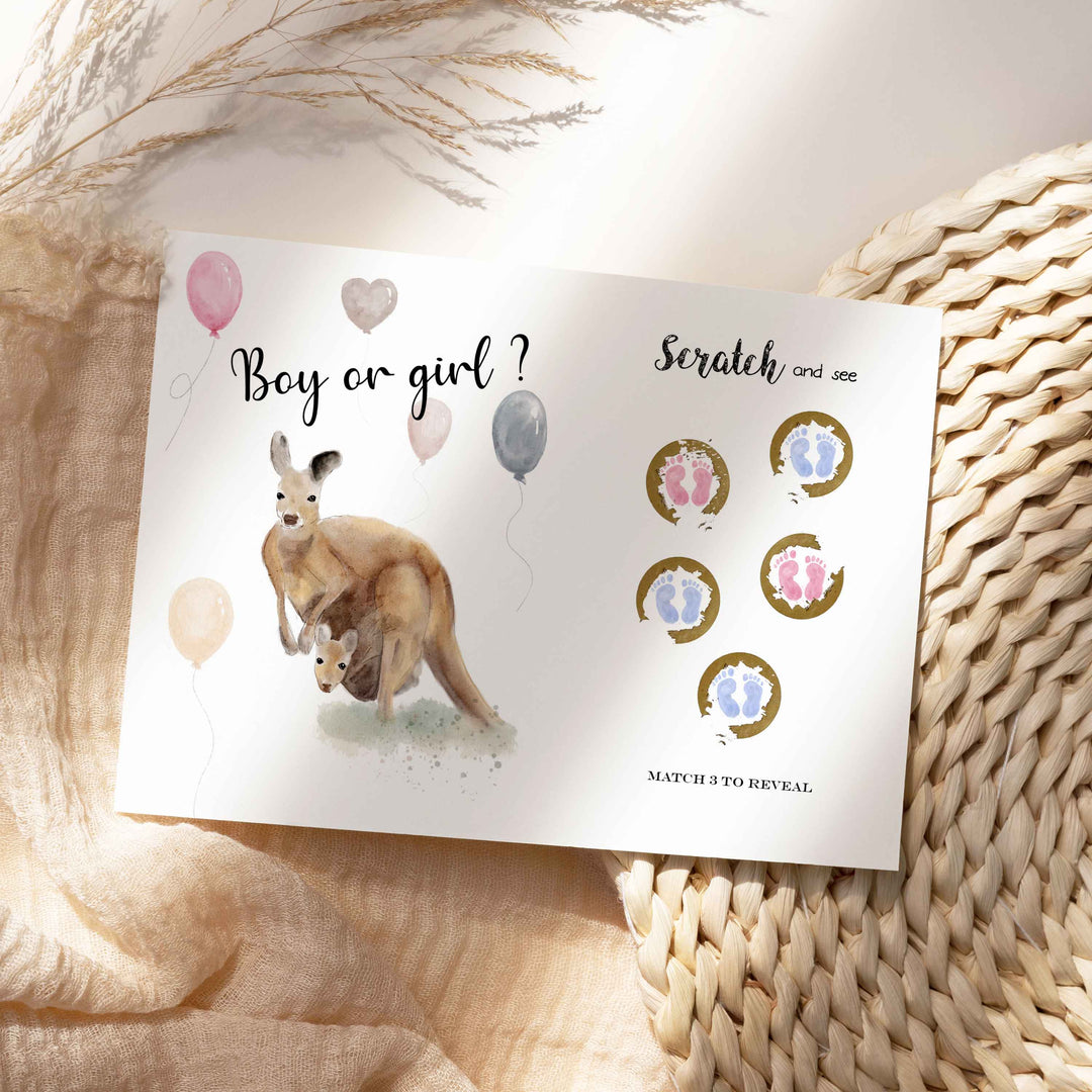 Carte à gratter: Fille ou garçon - jeu révélation de sexe de bébé (petits pieds roses ou bleus)