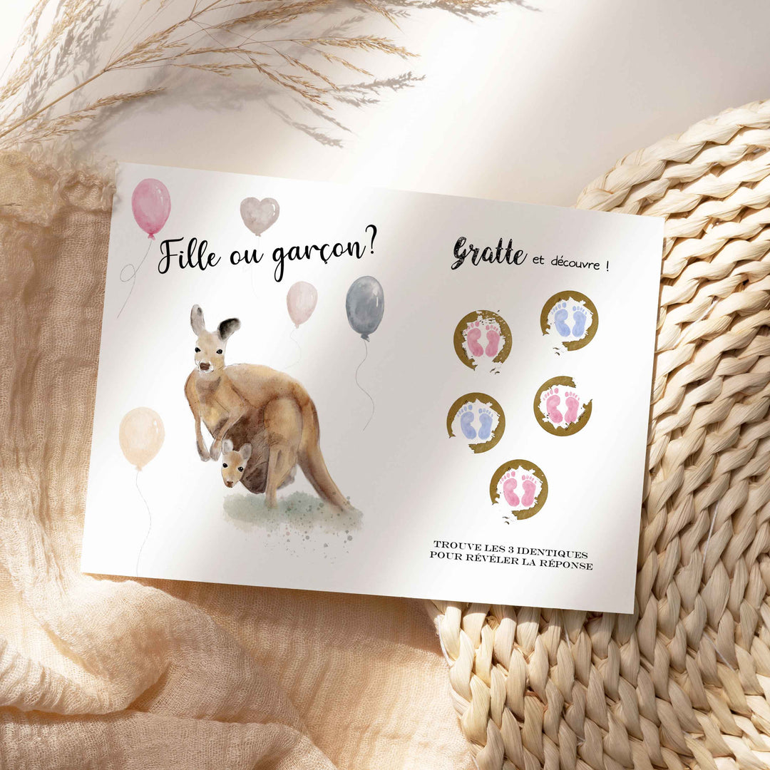 Carte à gratter: Fille ou garçon - jeu révélation de sexe de bébé (petits pieds roses ou bleus)
