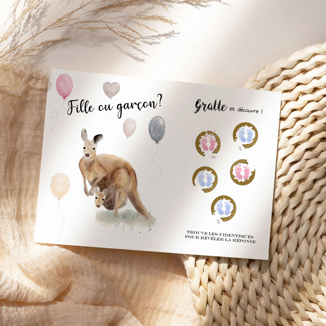 Carte à gratter: Fille ou garçon - jeu révélation de sexe de bébé (petits pieds roses ou bleus)