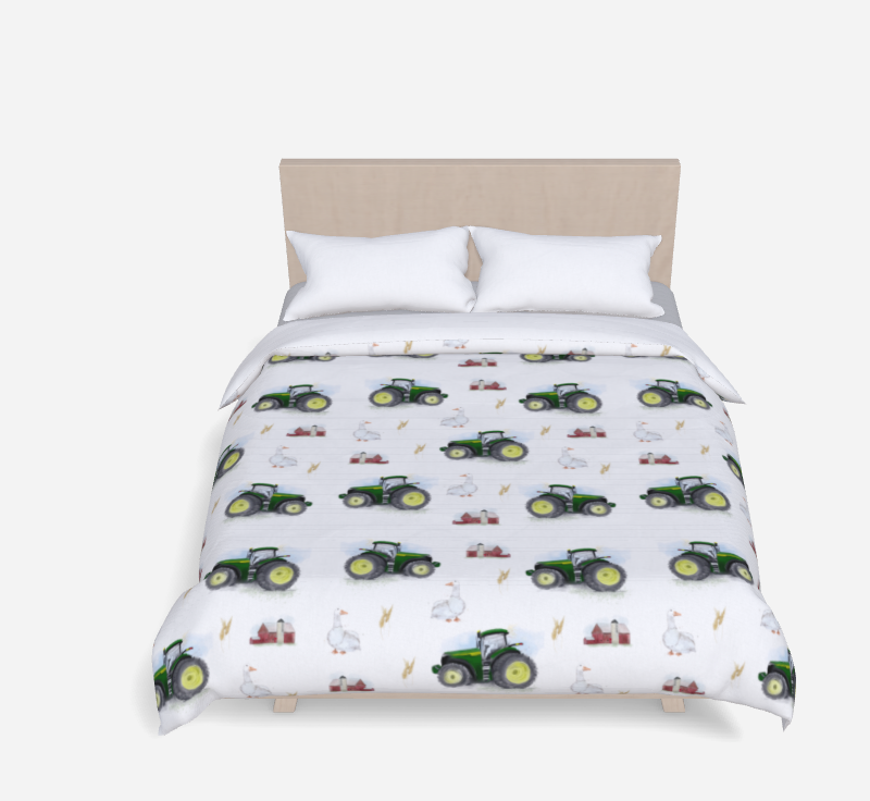 Housse de couette - tracteurs vert - naturel en satin de coton