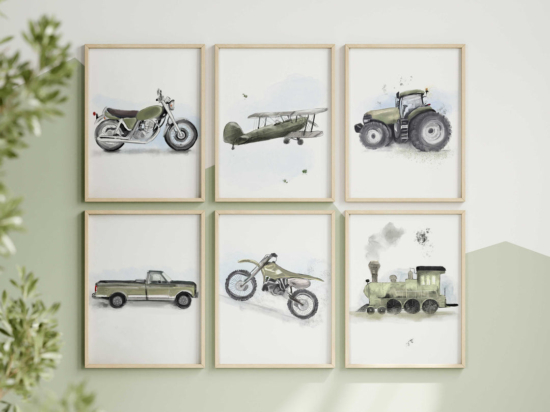 Ensemble de 6 illustrations de véhicules - vert mousse