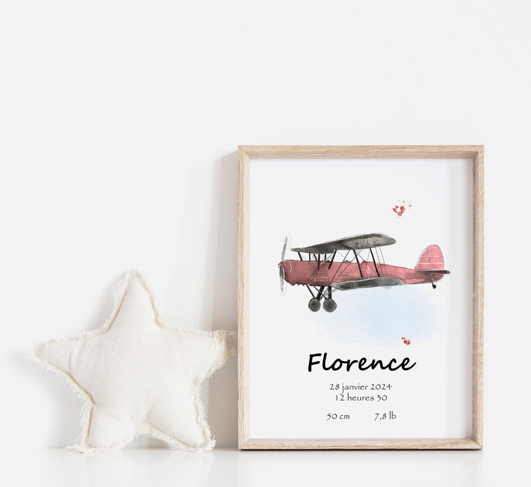 Affiche de naissance - Avion vintage (voir couleurs)