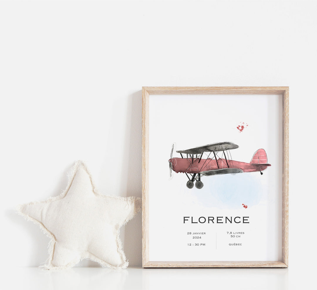 Affiche de naissance - Avion vintage (voir couleurs)