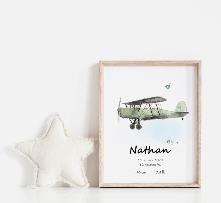 Affiche de naissance - Avion vintage (voir couleurs)