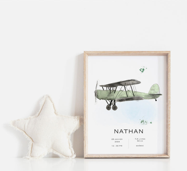 Affiche de naissance - Avion vintage (voir couleurs)