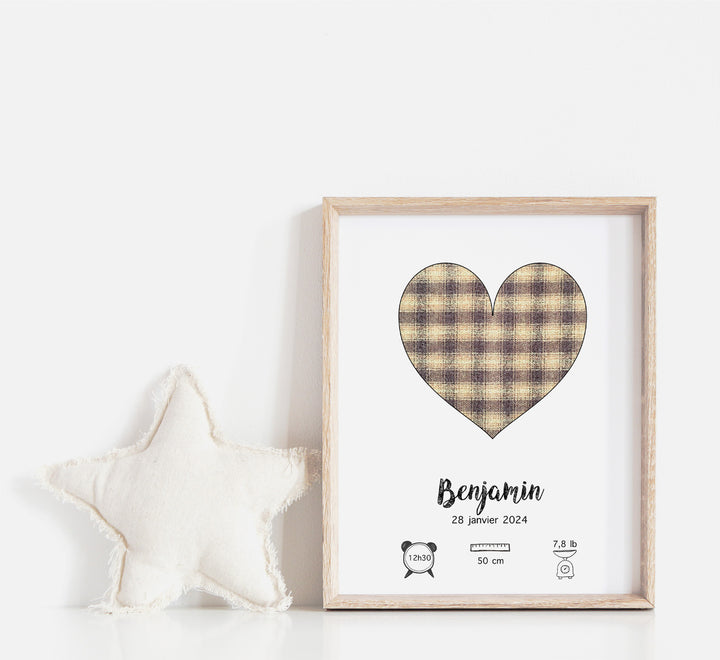 Affiche de naissance - Coeur à carreaux doré