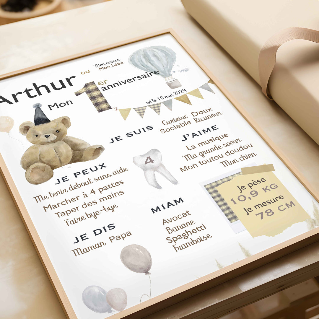 Affiche anniversaire – Ourson, ballons et montgolfière