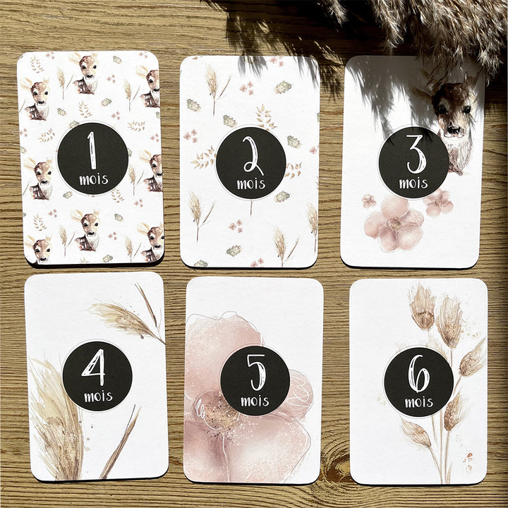 Cartes-étapes · bébé · Faon, pampas et myosotis