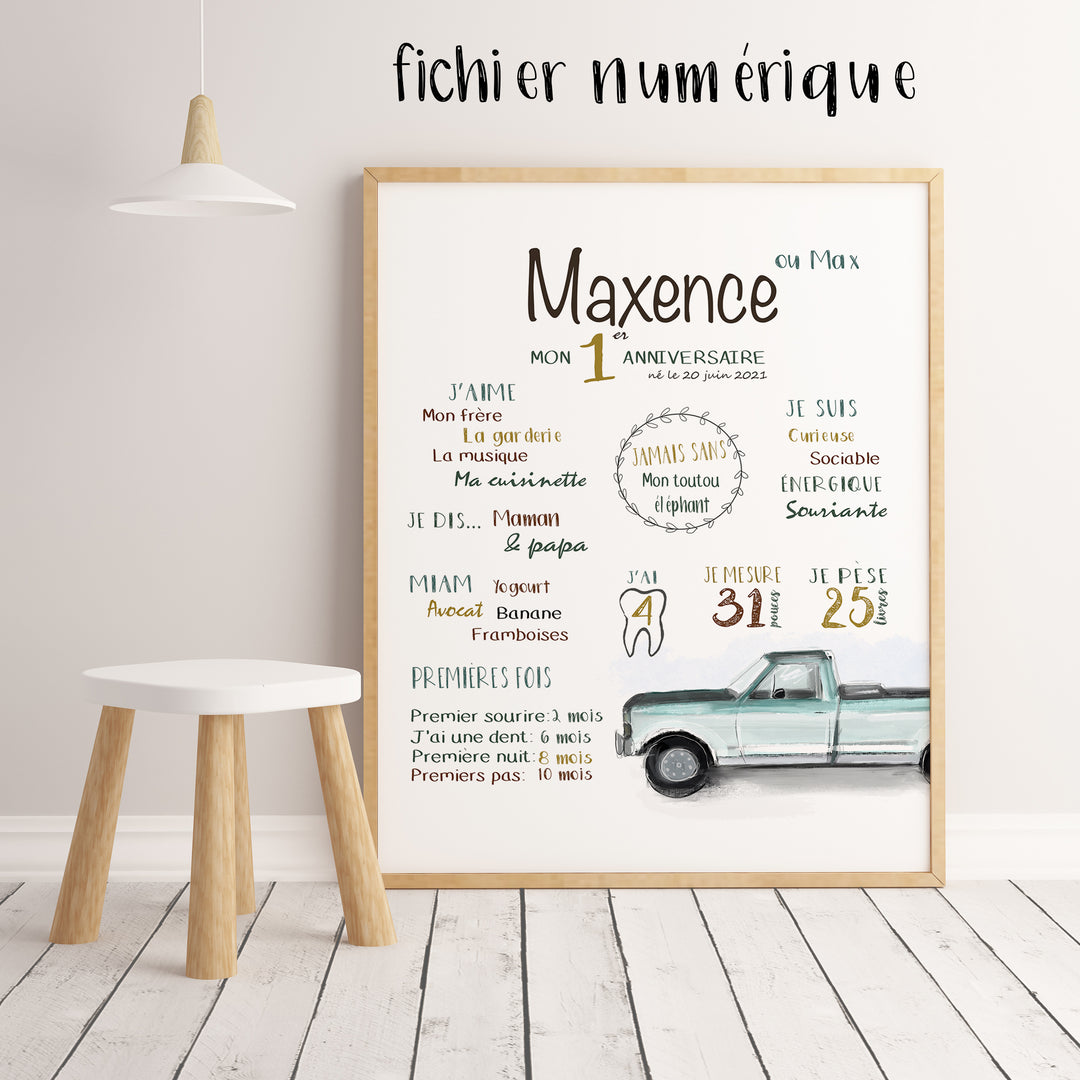 Affiche premier anniversaire ''pick up vintage''