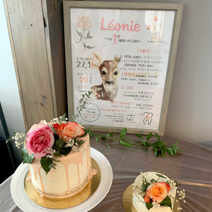 Affiche premier anniversaire ''Faon et douces fleurs''