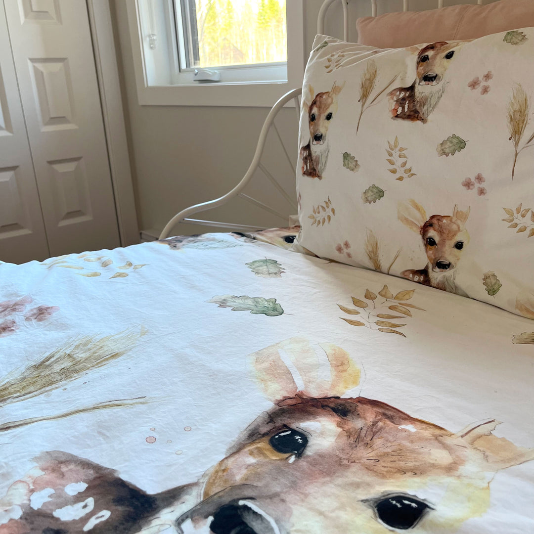 Housse de couette chevreuil, pampas et myosotis - naturel en satin de coton