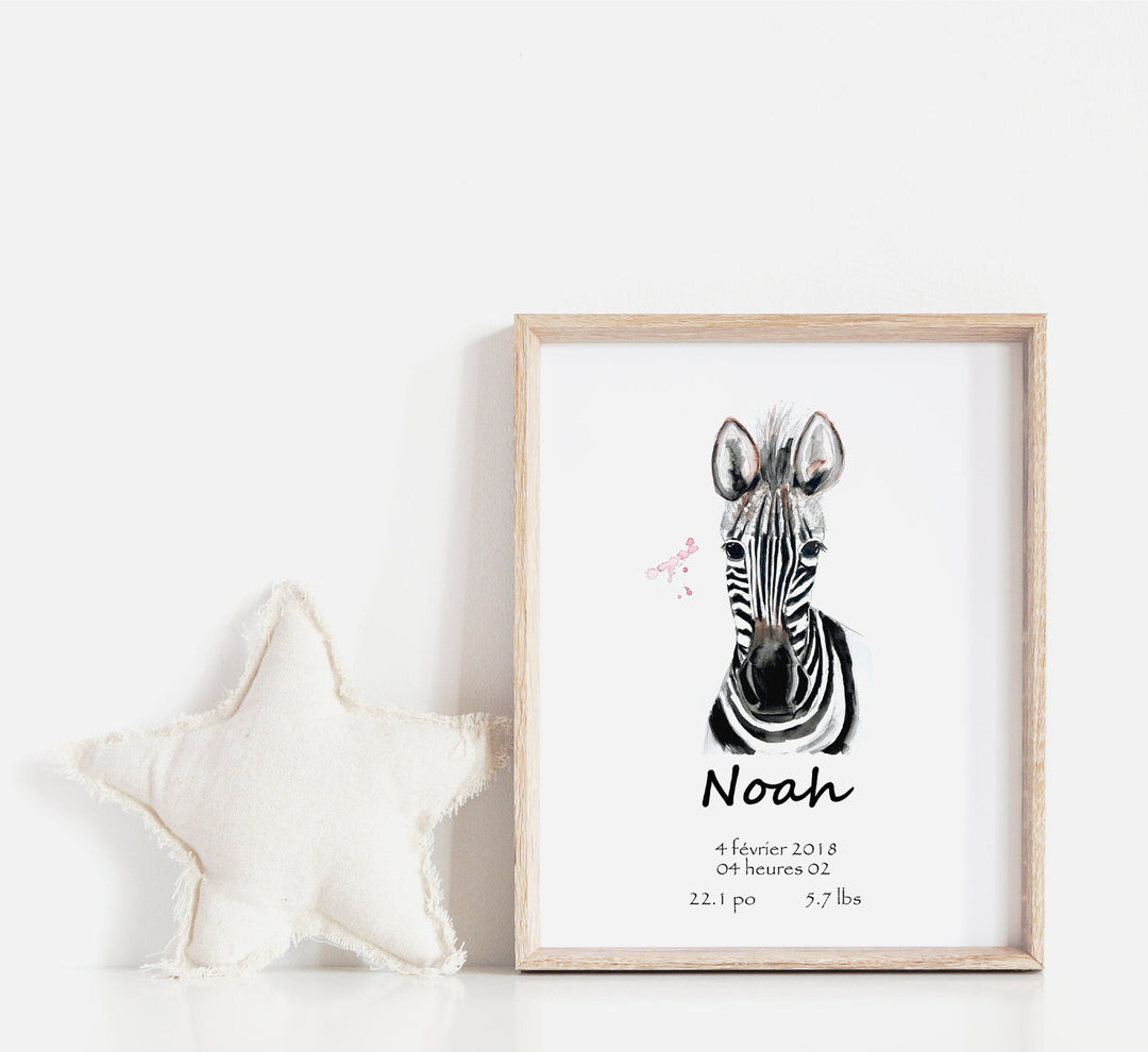 Affiche de naissance personnalisée zèbre
