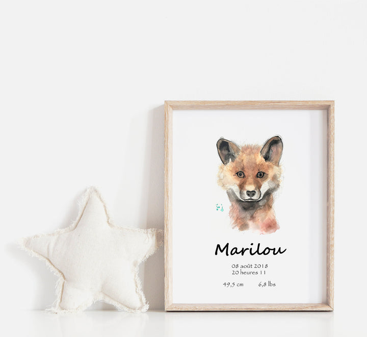 Affiche de naissance personnalisée renard visage