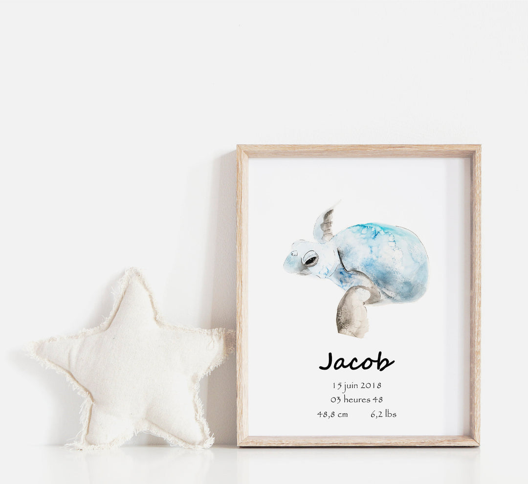 Affiche de naissance personnalisée tortue bleue