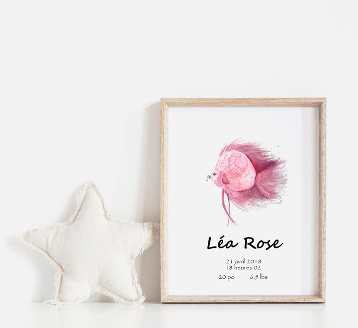 Affiche de naissance personnalisée poisson rose