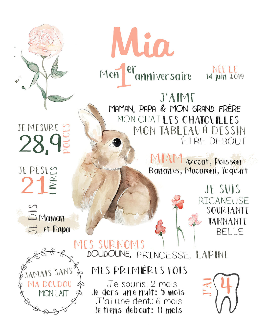 Affiche premier anniversaire ''petite lapine et douces fleurs''