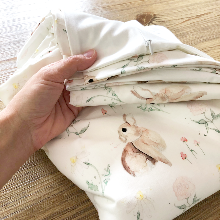 Housse de couette lapine et fleurs - naturel en satin de coton