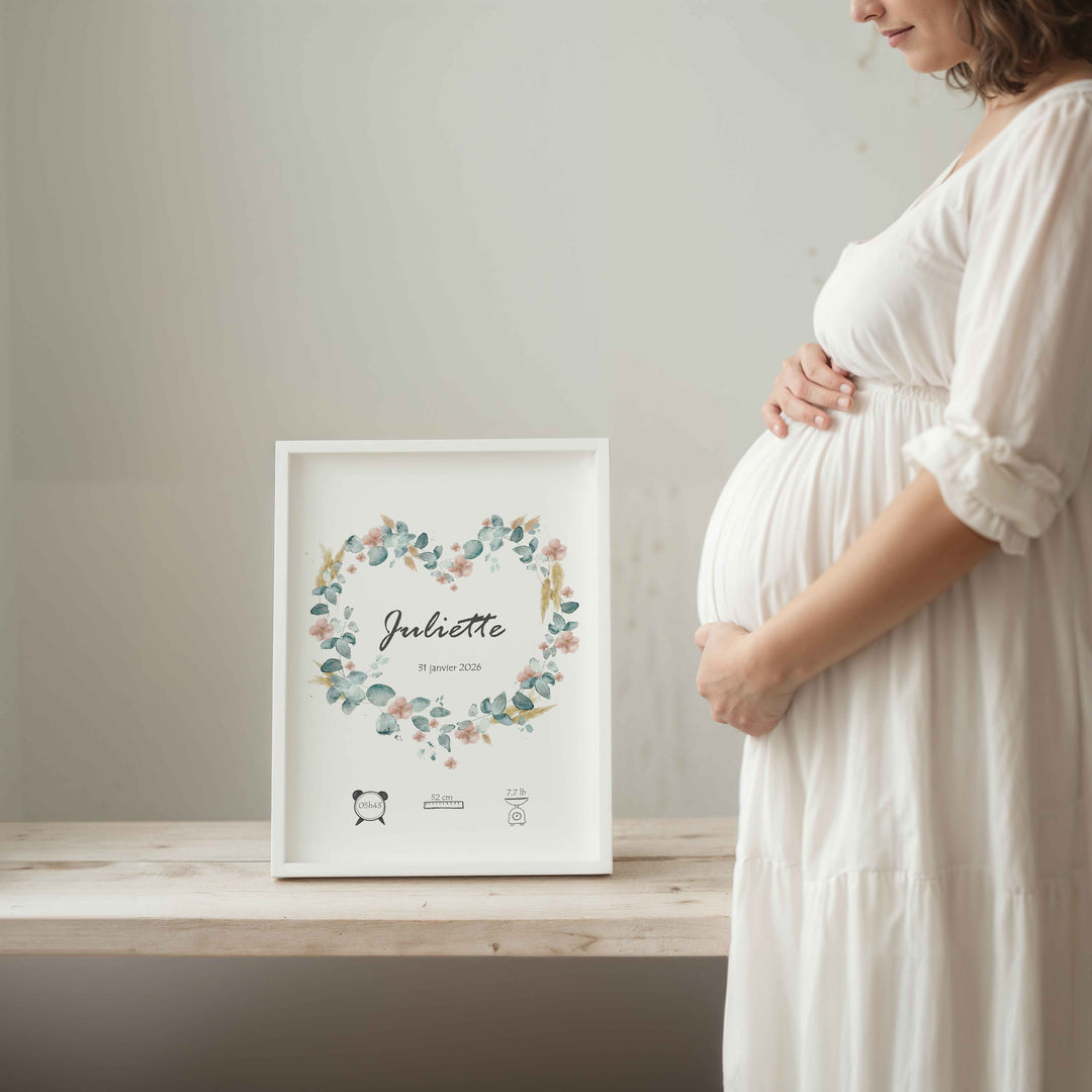 Floral Heart - Illustrated birth poster with flowers, pampas grass and eucalyptus
