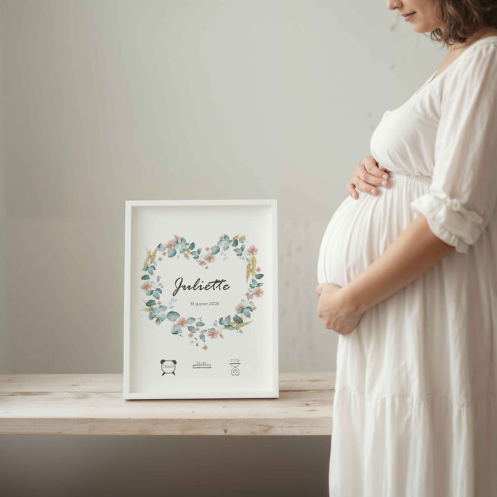 Floral Heart - Illustrated birth poster with flowers, pampas grass and eucalyptus