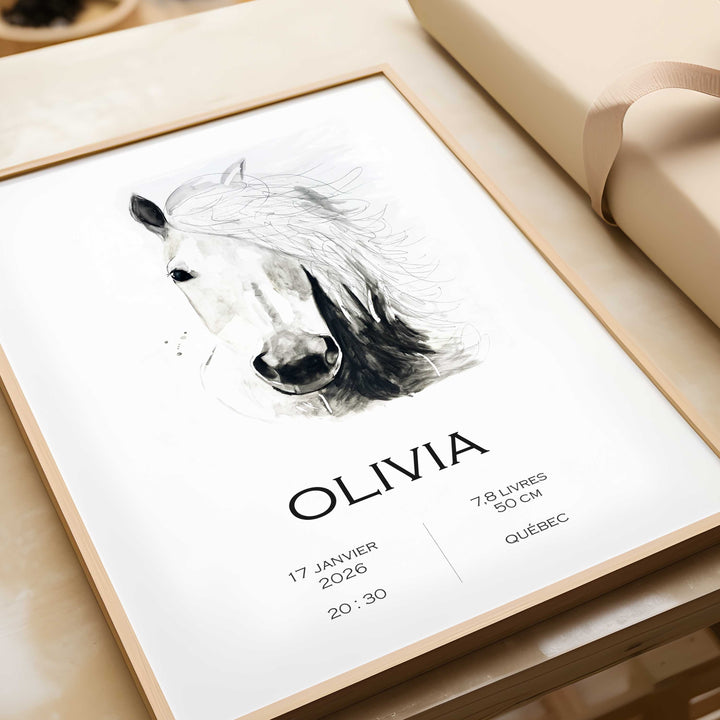 Birth announcement poster - black and white horse