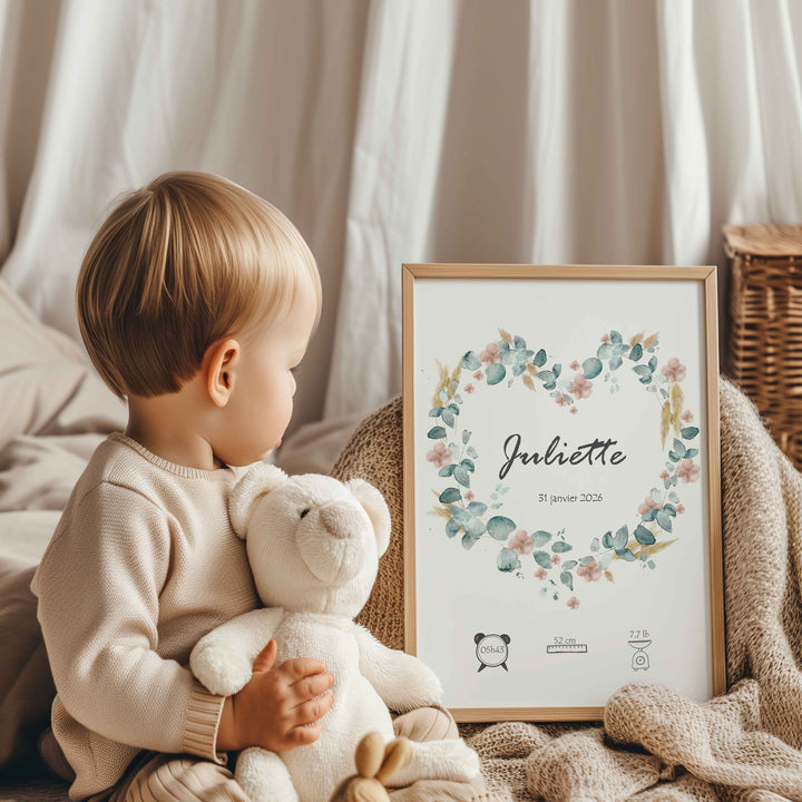 Floral Heart - Illustrated birth poster with flowers, pampas grass and eucalyptus